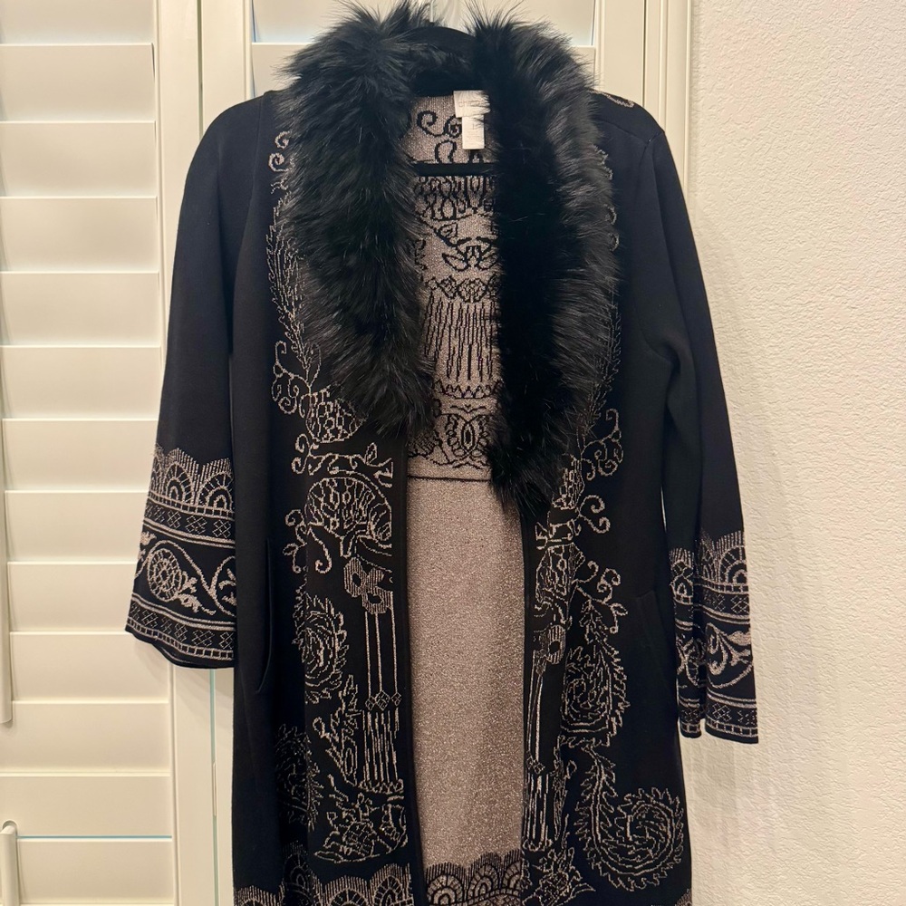 Chico’s Faux Fur Collar Lurex Cardigan Size M/Chico’s Size 1 - Picture 3 of 8